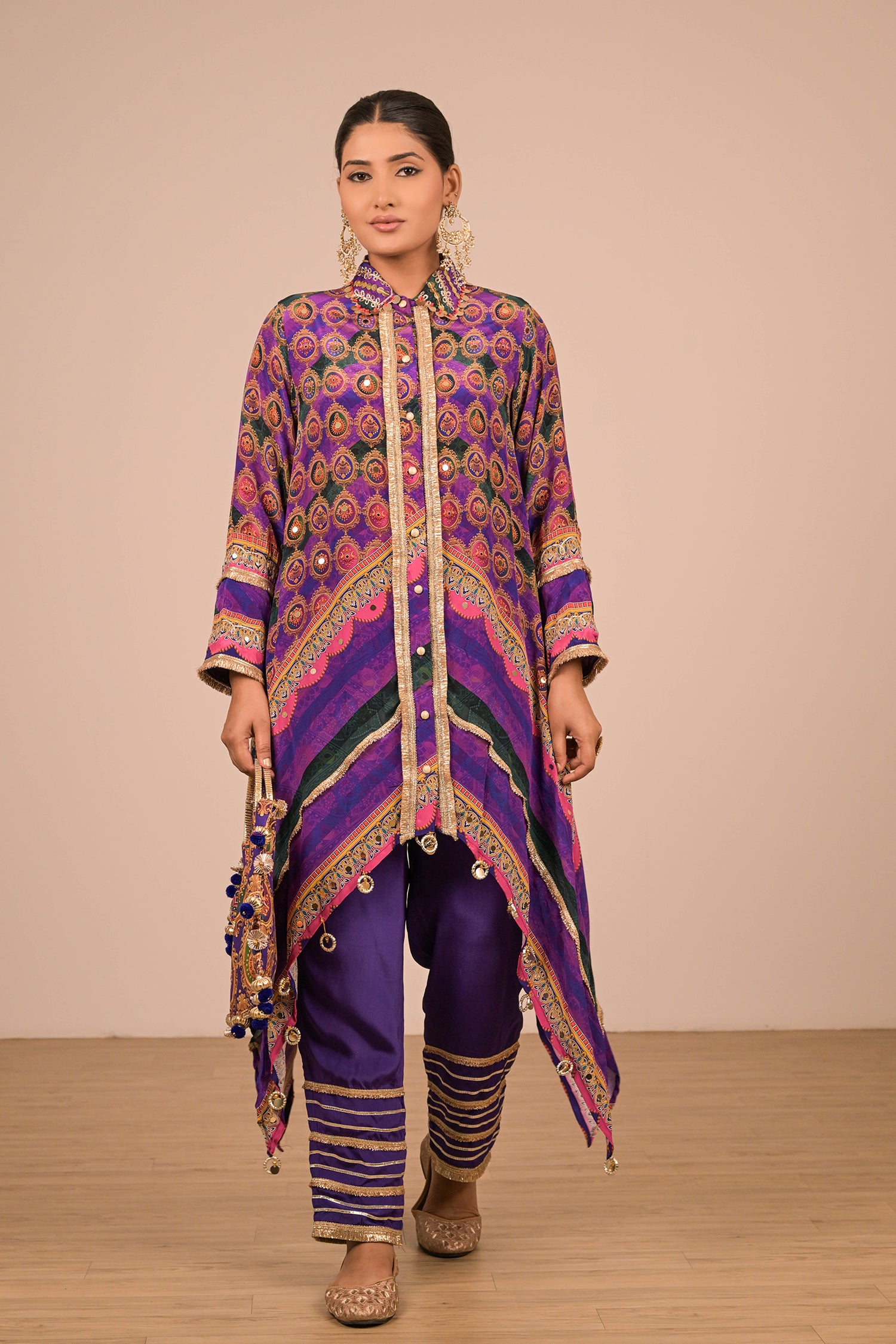 Purple Asymmetric Hem Kurta Set in Crepe Fabric with Canvas tote bag