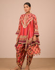 Vibrant Persian Red Crepe Suit Set with Tulip Pants and Heavy Embroidered Potli Bag