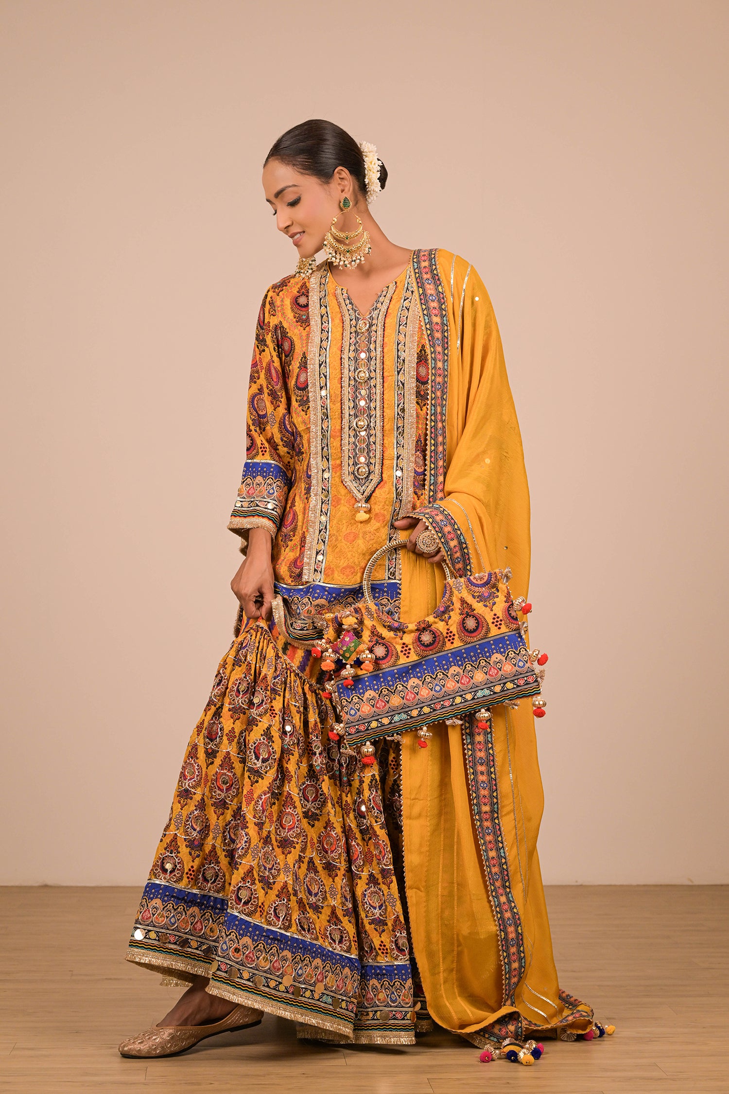 Yellow Crepe Sharara Set with Canvas tote bag with Vibrant Print Motifs