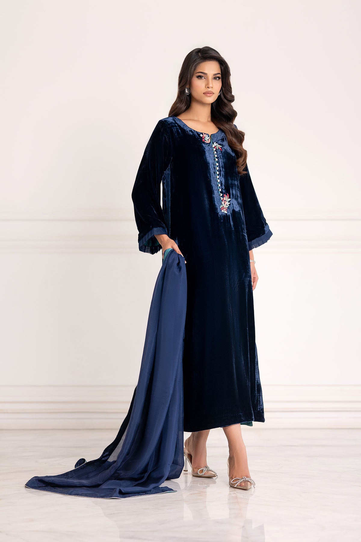 Midnight Blue Luxe Velvet Straight Suit Set