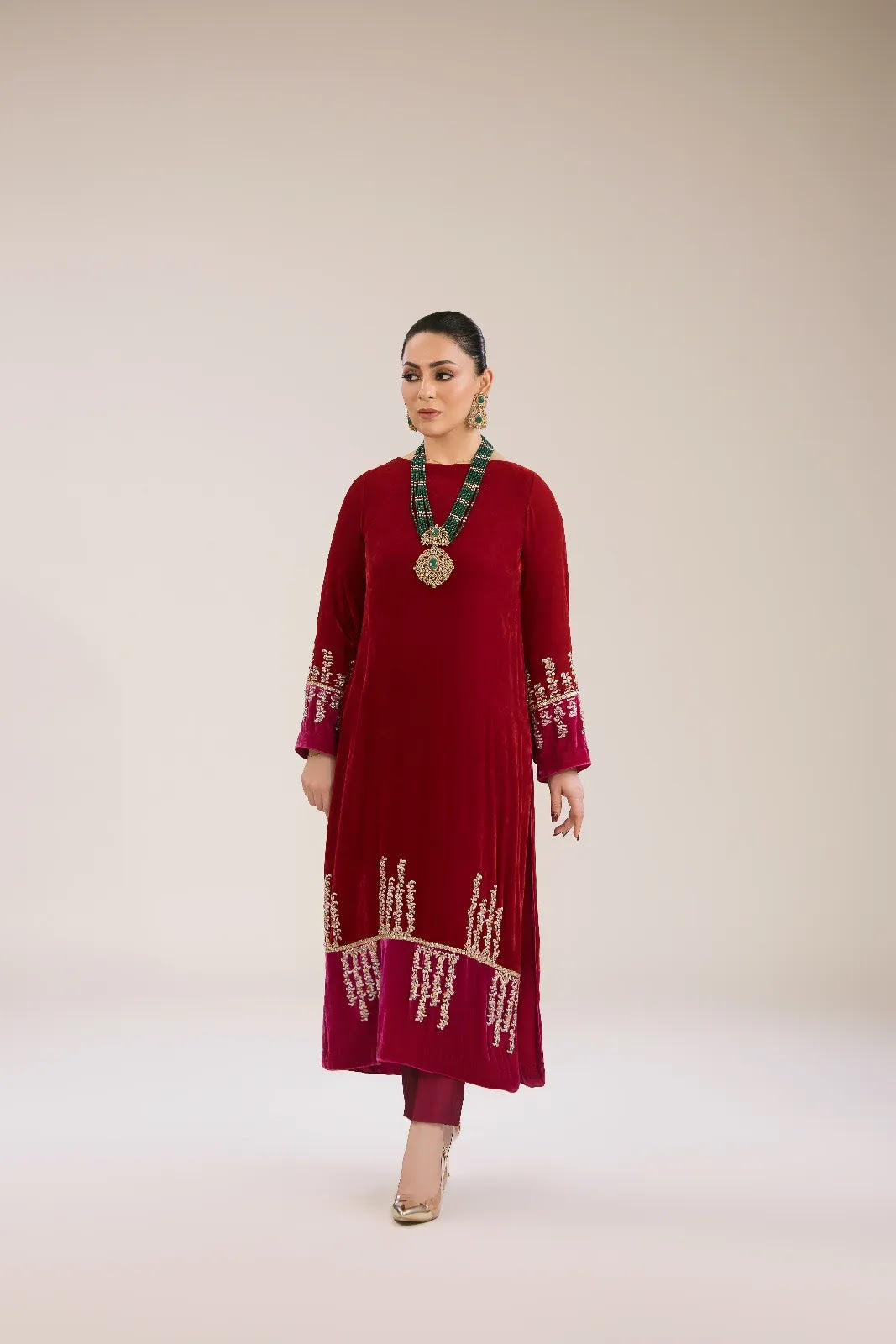 Ruby Velvet Embroidered Kurta &amp; Pant Set