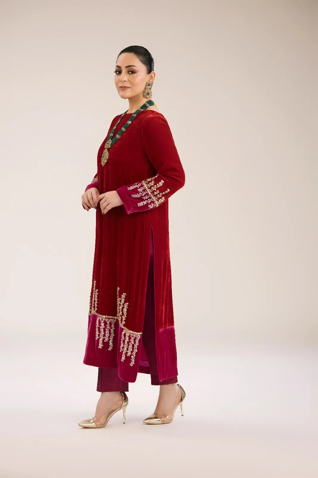 Ruby Velvet Embroidered Kurta &amp; Pant Set