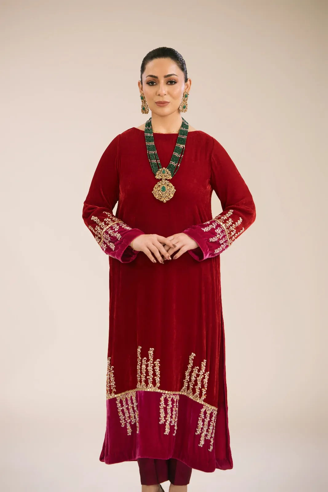 Ruby Velvet Embroidered Kurta &amp; Pant Set