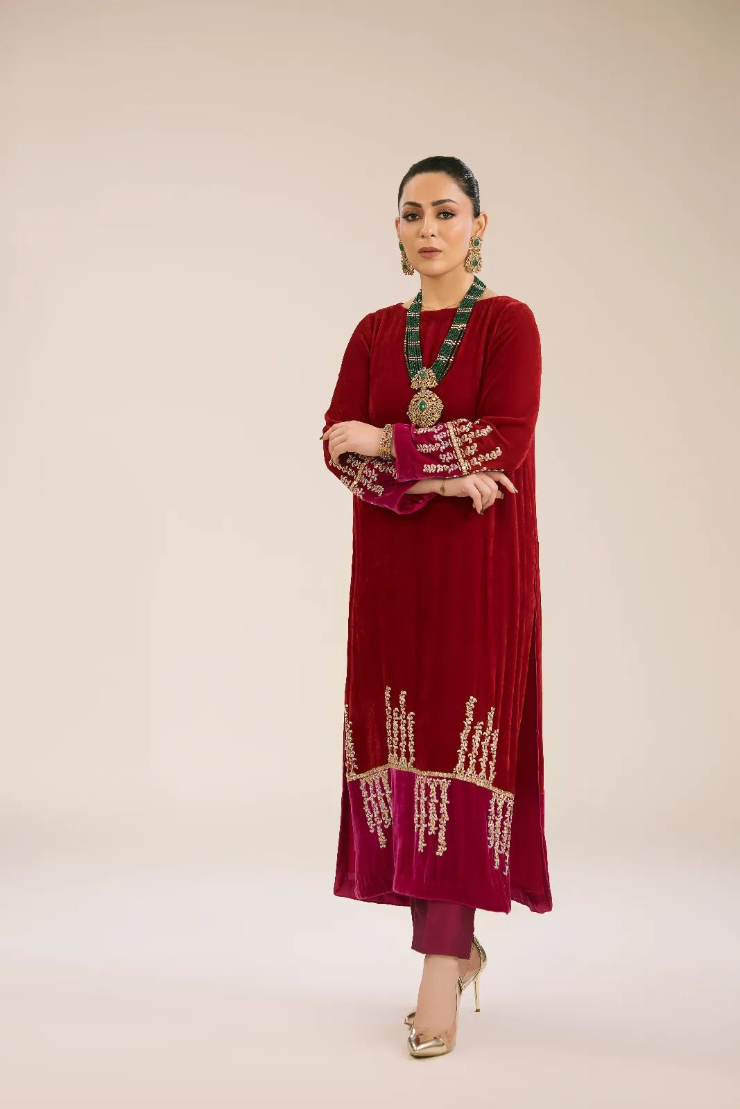 Ruby Velvet Embroidered Kurta &amp; Pant Set