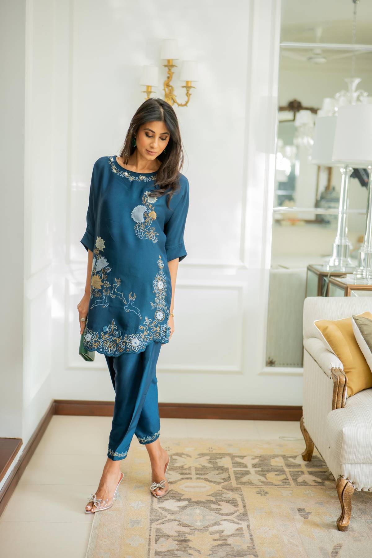 Khushboo &amp; Pankaj Women Teal Blue Embroidered Co-ord Set with Tulip Pants