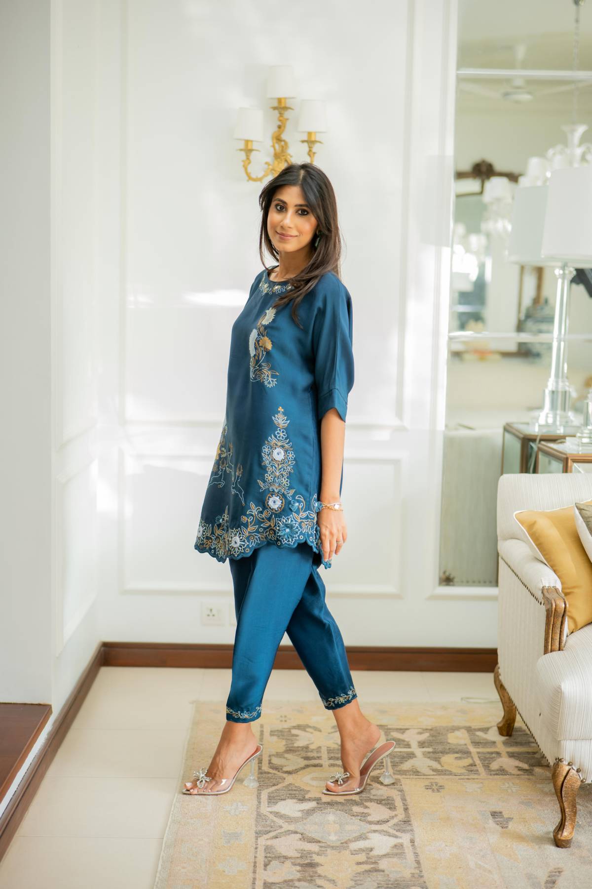 Khushboo &amp; Pankaj Women Teal Blue Embroidered Co-ord Set with Tulip Pants