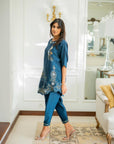 Khushboo & Pankaj Women Teal Blue Embroidered Co-ord Set with Tulip Pants