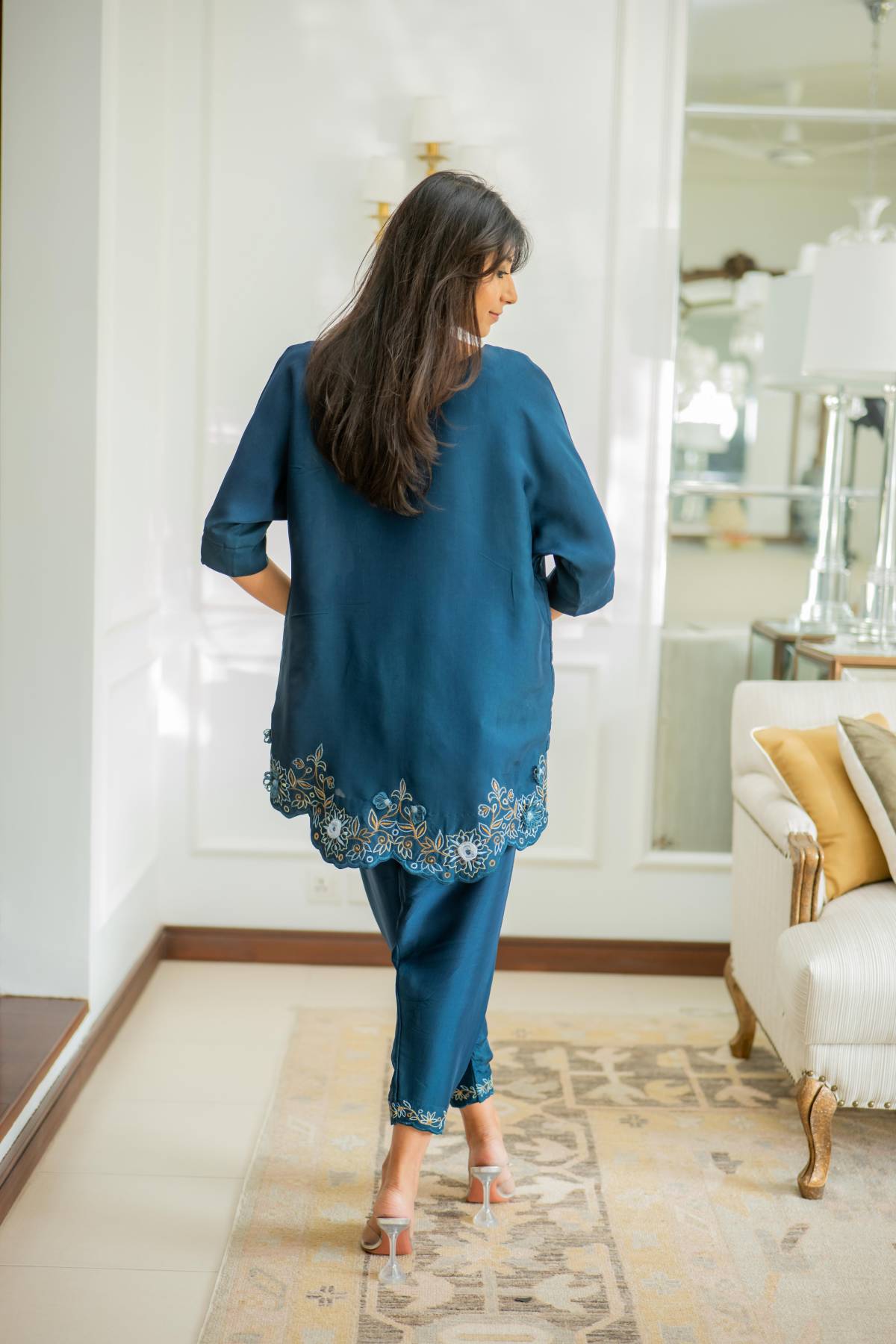 Khushboo &amp; Pankaj Women Teal Blue Embroidered Co-ord Set with Tulip Pants