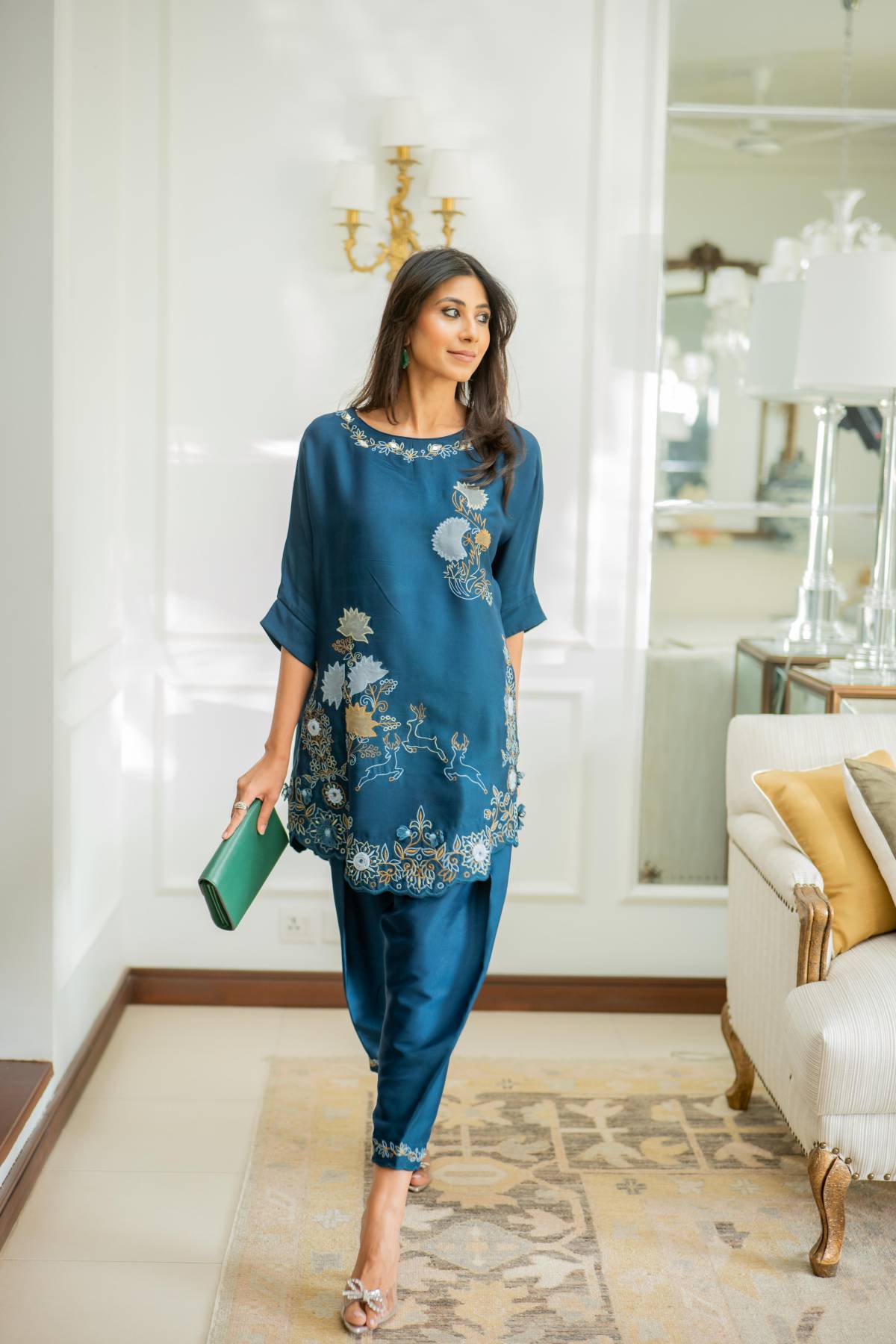 Khushboo &amp; Pankaj Women Teal Blue Embroidered Co-ord Set with Tulip Pants