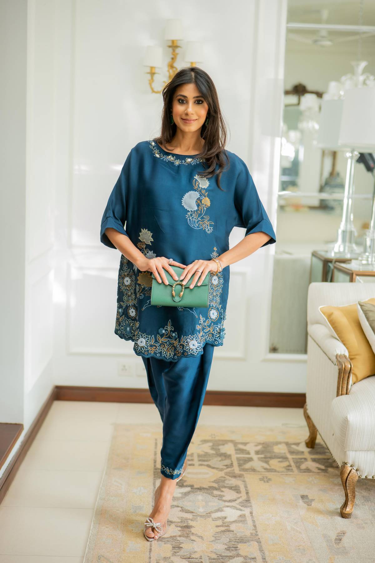 Khushboo &amp; Pankaj Women Teal Blue Embroidered Co-ord Set with Tulip Pants