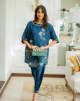 Khushboo & Pankaj Women Teal Blue Embroidered Co-ord Set with Tulip Pants