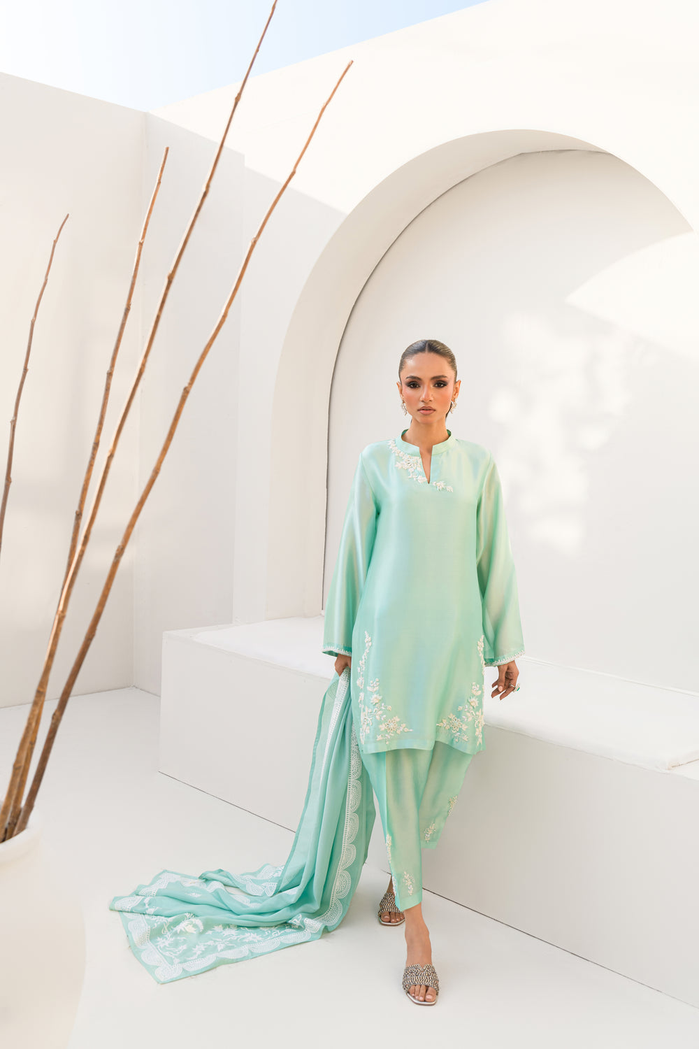 Khushboo &amp; Pankaj Women Aqua Blue Embroidered Silk Suit Set with Tulip Pants