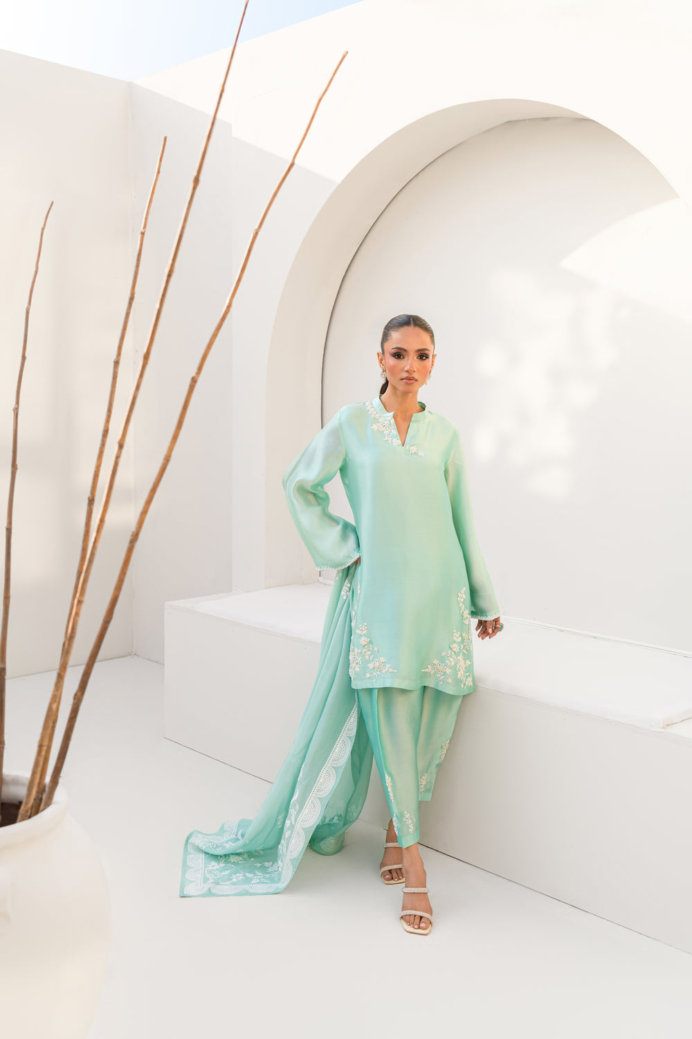 Khushboo &amp; Pankaj Women Aqua Blue Embroidered Silk Suit Set with Tulip Pants
