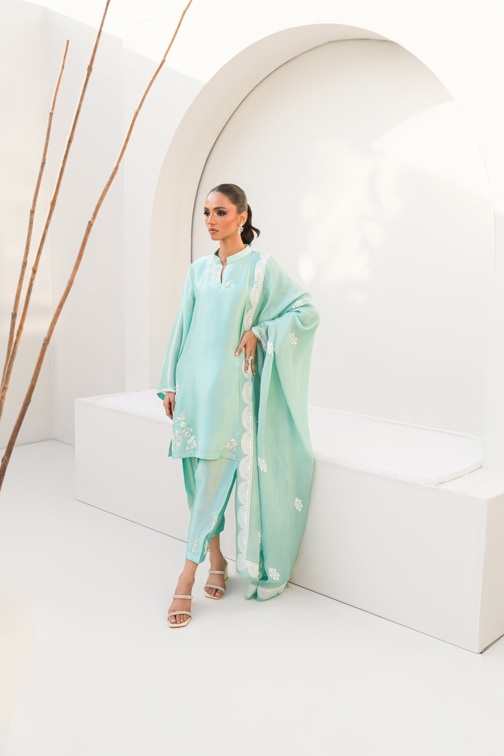 Khushboo &amp; Pankaj Women Aqua Blue Embroidered Silk Suit Set with Tulip Pants