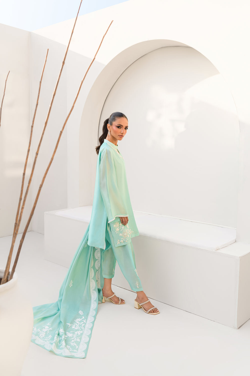 Khushboo &amp; Pankaj Women Aqua Blue Embroidered Silk Suit Set with Tulip Pants