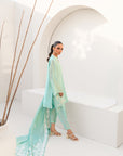 Khushboo & Pankaj Women Aqua Blue Embroidered Silk Suit Set with Tulip Pants