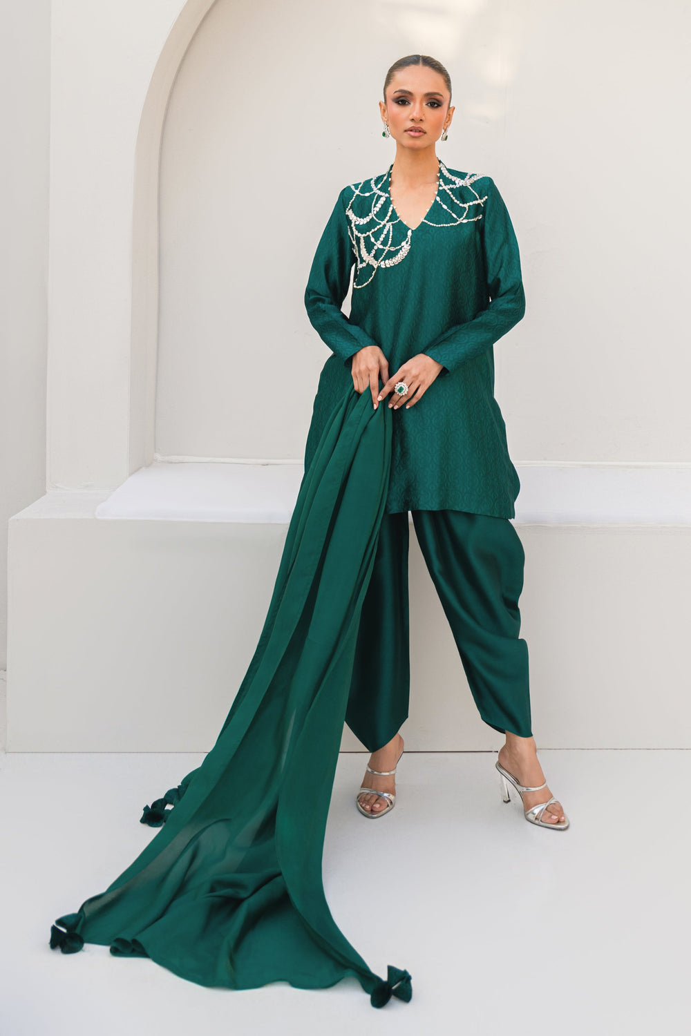 Khushboo &amp; Pankaj Women Emerald Green Embroidered Silk Suit Set with Tulip Pants