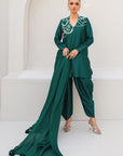 Khushboo & Pankaj Women Emerald Green Embroidered Silk Suit Set with Tulip Pants