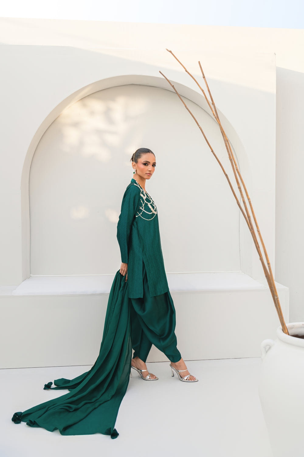 Khushboo &amp; Pankaj Women Emerald Green Embroidered Silk Suit Set with Tulip Pants