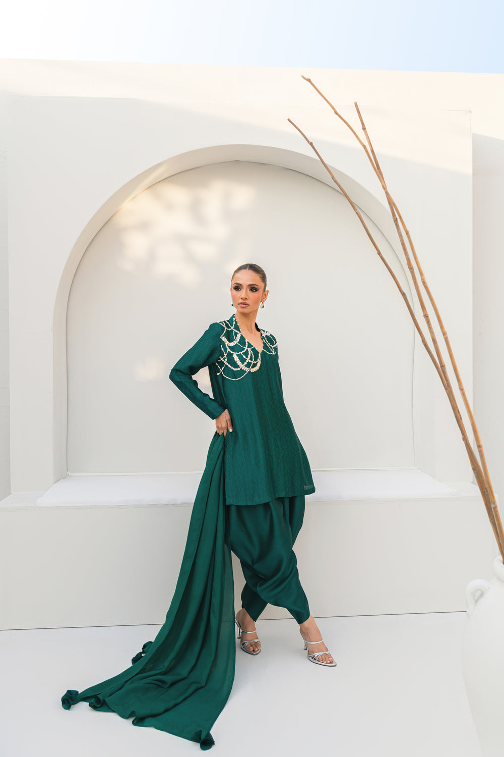 Khushboo &amp; Pankaj Women Emerald Green Embroidered Silk Suit Set with Tulip Pants