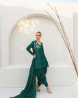 Khushboo & Pankaj Women Emerald Green Embroidered Silk Suit Set with Tulip Pants