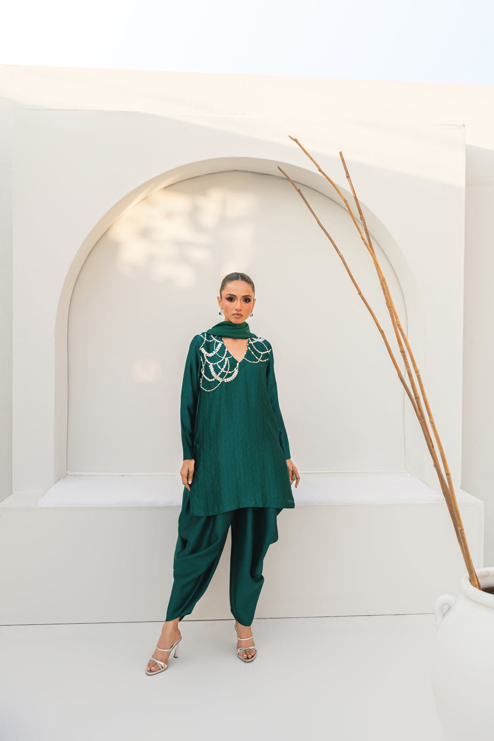 Khushboo &amp; Pankaj Women Emerald Green Embroidered Silk Suit Set with Tulip Pants