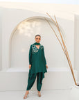 Khushboo & Pankaj Women Emerald Green Embroidered Silk Suit Set with Tulip Pants