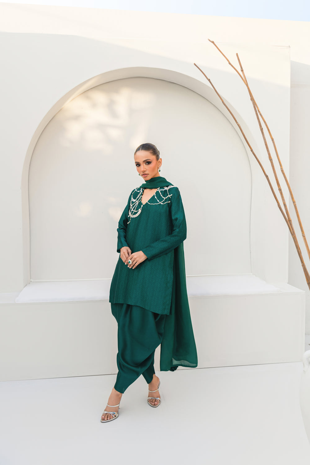 Khushboo &amp; Pankaj Women Emerald Green Embroidered Silk Suit Set with Tulip Pants