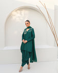 Khushboo & Pankaj Women Emerald Green Embroidered Silk Suit Set with Tulip Pants