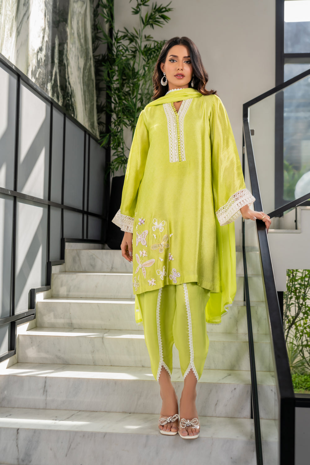 Khushboo &amp; Pankaj Women Lime Green Embroidered Silk Suit Set