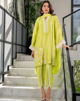 Khushboo & Pankaj Women Lime Green Embroidered Silk Suit Set