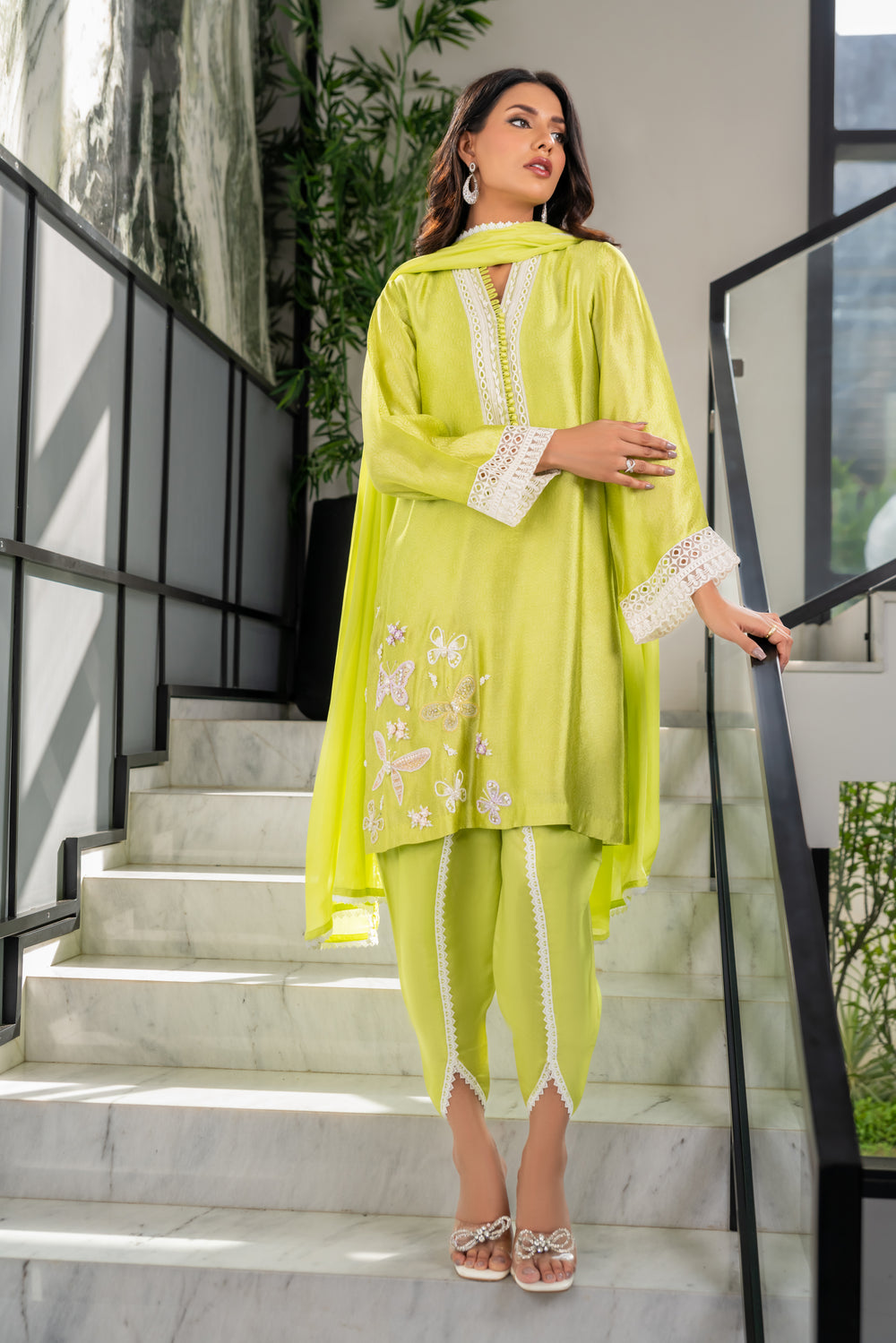 Khushboo &amp; Pankaj Women Lime Green Embroidered Silk Suit Set
