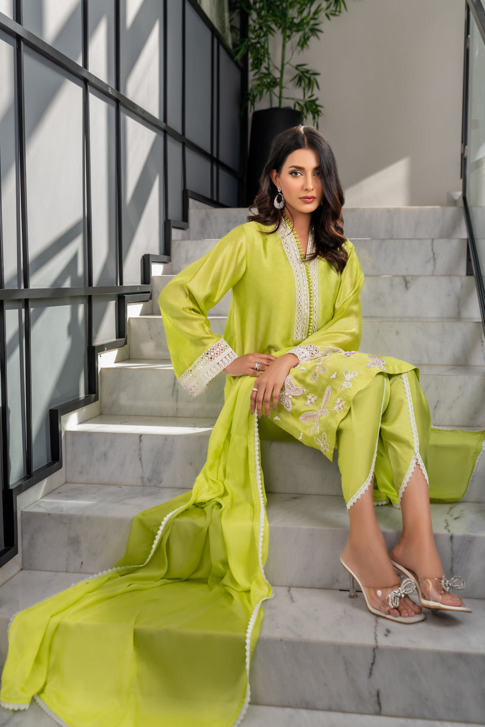 Khushboo &amp; Pankaj Women Lime Green Embroidered Silk Suit Set