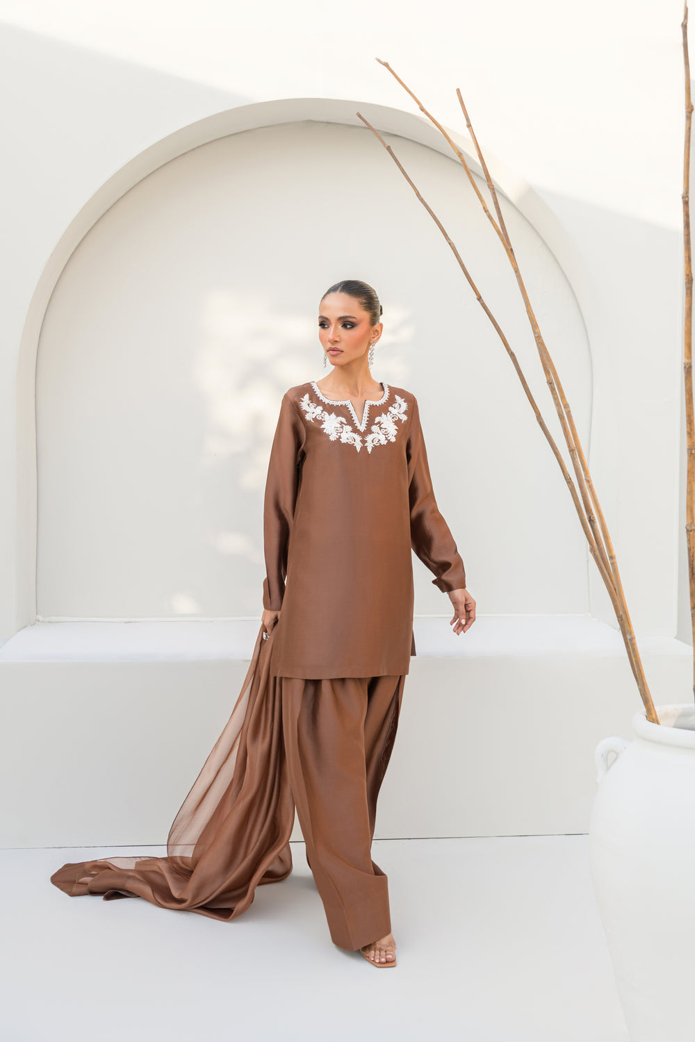 Khushboo &amp; Pankaj Women Mocha Brown Embroidered Silk Suit Set with Farshi Salwar