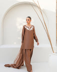 Khushboo & Pankaj Women Mocha Brown Embroidered Silk Suit Set with Farshi Salwar