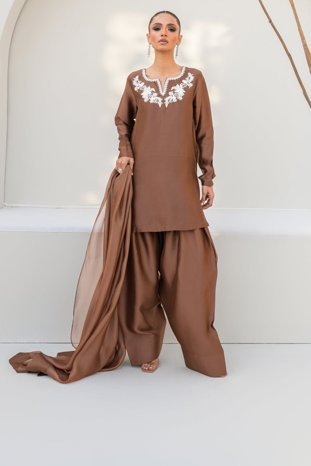 Khushboo &amp; Pankaj Women Mocha Brown Embroidered Silk Suit Set with Farshi Salwar