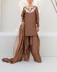Khushboo & Pankaj Women Mocha Brown Embroidered Silk Suit Set with Farshi Salwar