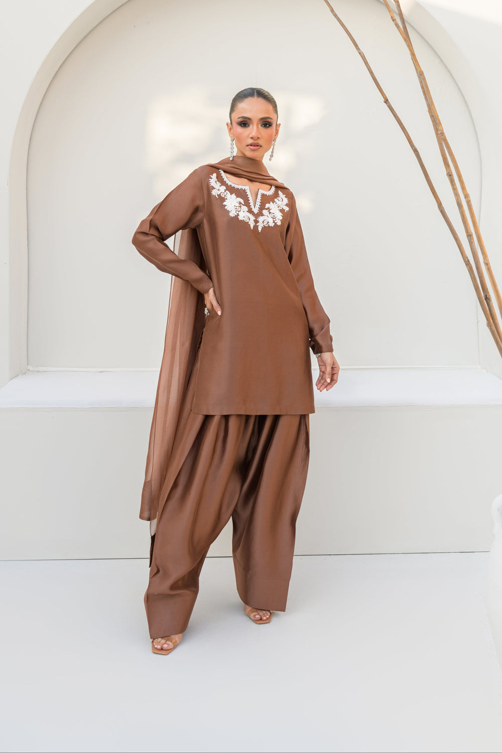 Khushboo &amp; Pankaj Women Mocha Brown Embroidered Silk Suit Set with Farshi Salwar