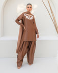 Khushboo & Pankaj Women Mocha Brown Embroidered Silk Suit Set with Farshi Salwar