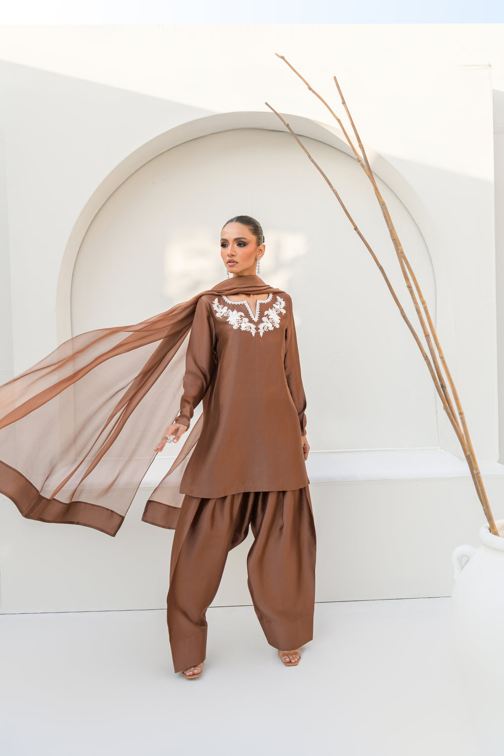 Khushboo &amp; Pankaj Women Mocha Brown Embroidered Silk Suit Set with Farshi Salwar