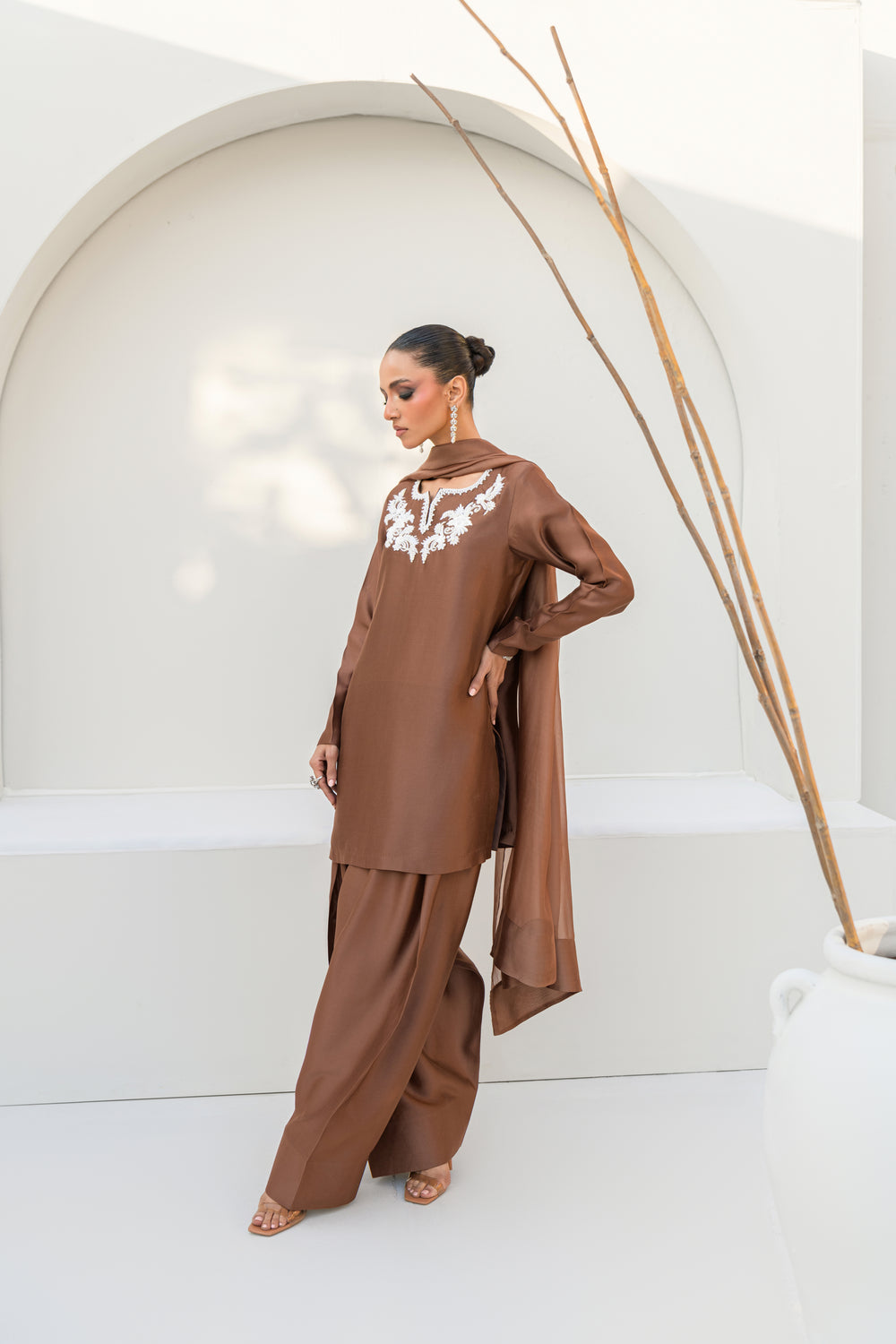 Khushboo &amp; Pankaj Women Mocha Brown Embroidered Silk Suit Set with Farshi Salwar