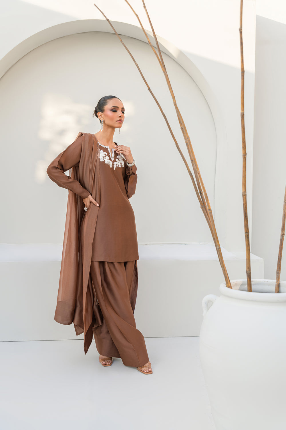 Khushboo &amp; Pankaj Women Mocha Brown Embroidered Silk Suit Set with Farshi Salwar