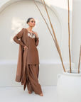 Khushboo & Pankaj Women Mocha Brown Embroidered Silk Suit Set with Farshi Salwar