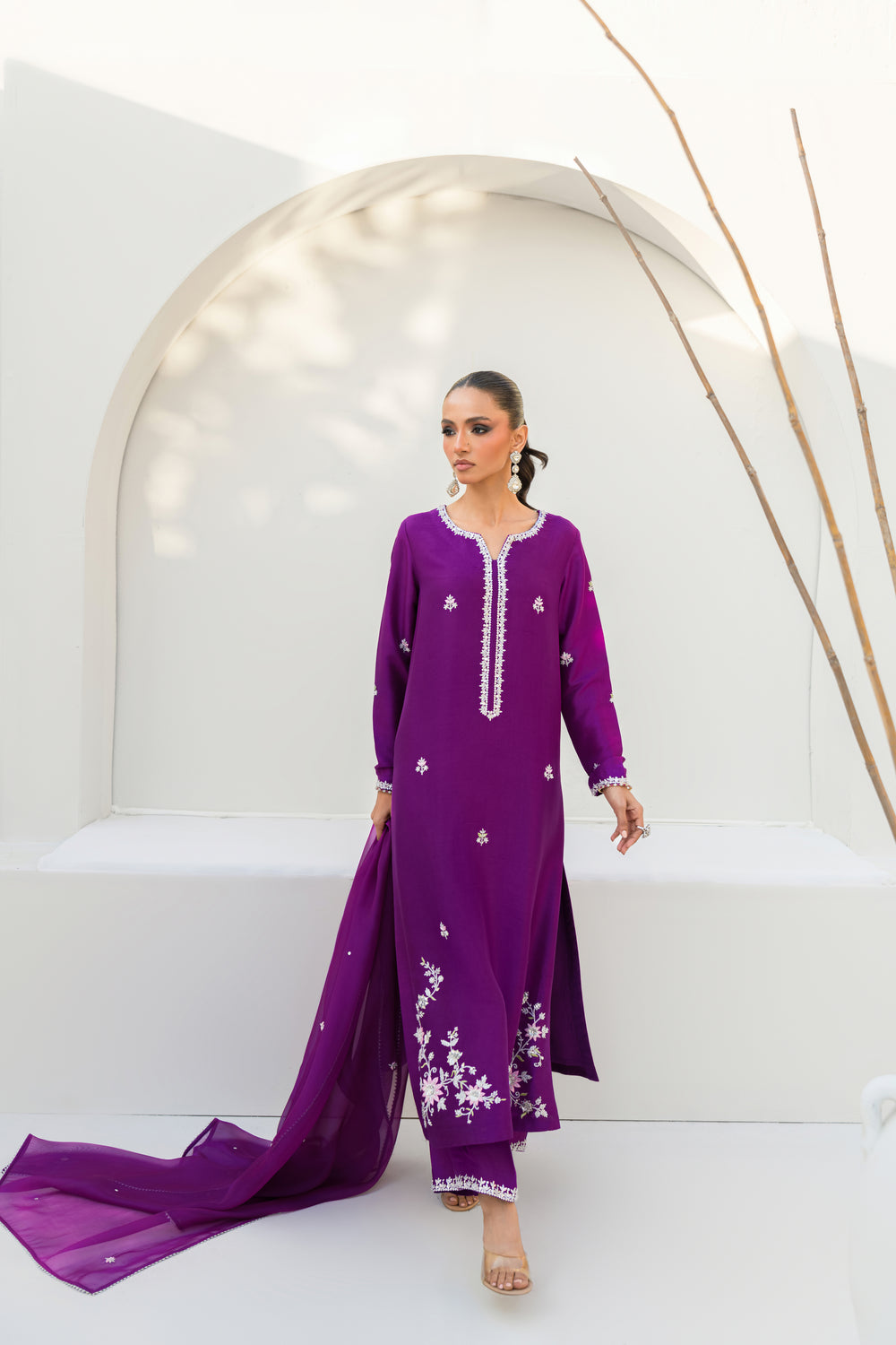 Khushboo &amp; Pankaj Women Royal Purple Embroidered Silk Suit Set with Palazzo