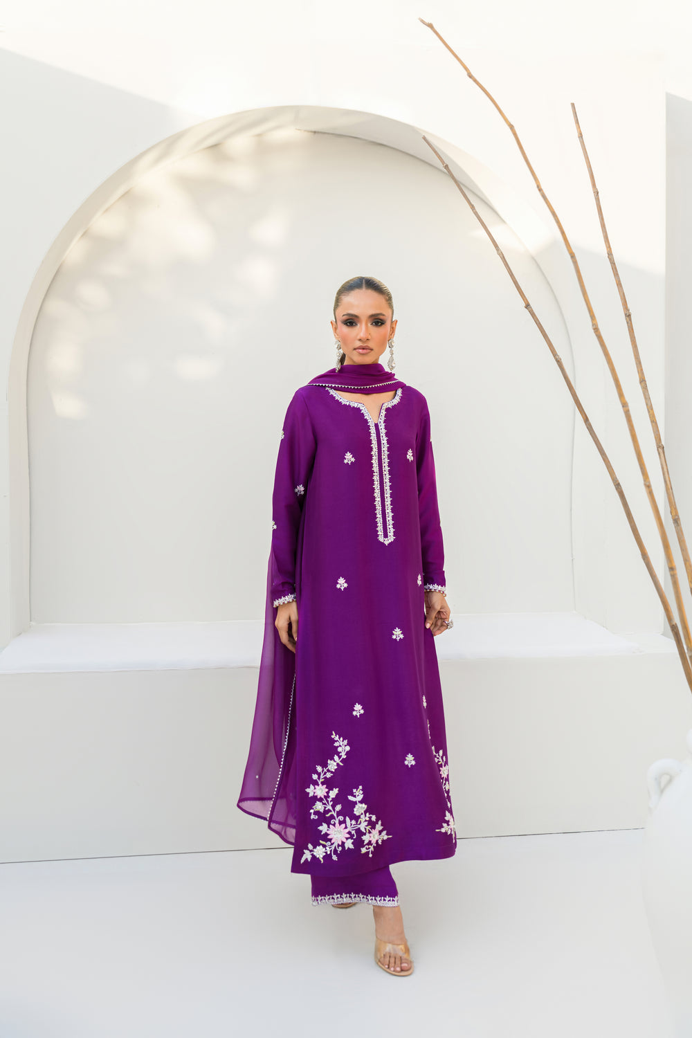 Khushboo &amp; Pankaj Women Royal Purple Embroidered Silk Suit Set with Palazzo