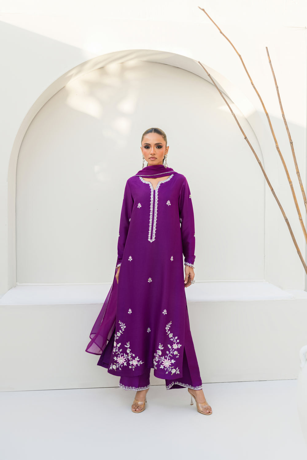 Khushboo &amp; Pankaj Women Royal Purple Embroidered Silk Suit Set with Palazzo