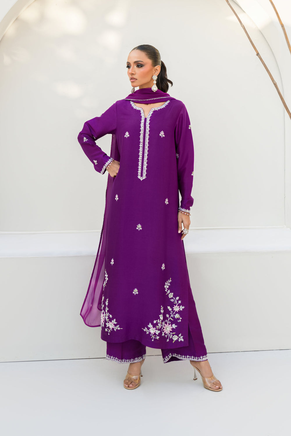 Khushboo &amp; Pankaj Women Royal Purple Embroidered Silk Suit Set with Palazzo