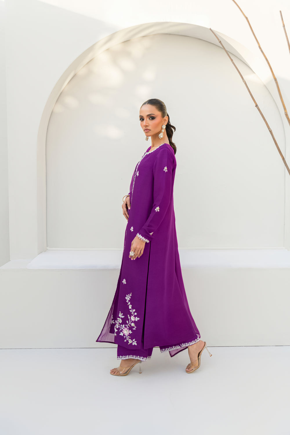 Khushboo &amp; Pankaj Women Royal Purple Embroidered Silk Suit Set with Palazzo