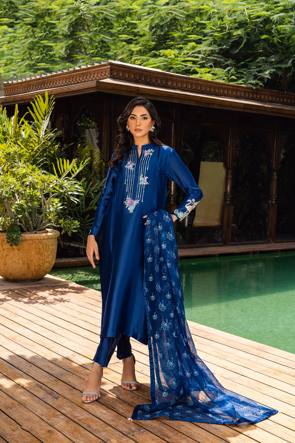 Khushboo &amp; Pankaj Women Royal Blue Embroidered Silk Suit Set