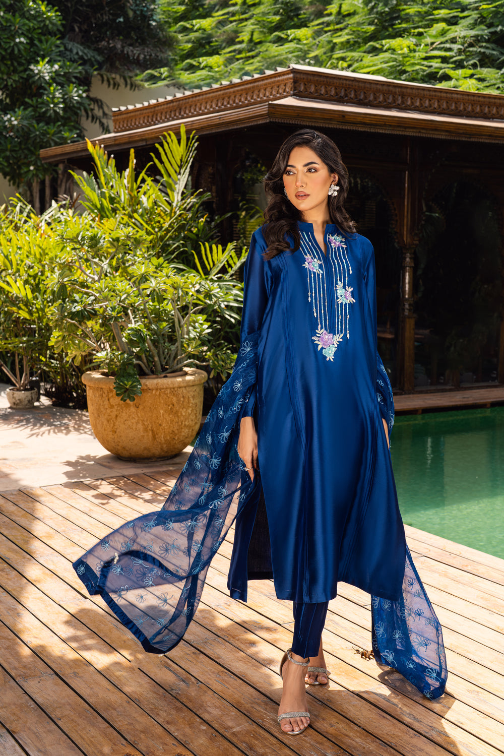 Khushboo &amp; Pankaj Women Royal Blue Embroidered Silk Suit Set